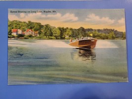 Vtg Linen Postcard Speed Boating On Long Lake, Naples, Maine, ME - £4.66 GBP