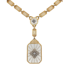 14k Yellow Gold Filigree Necklace w/ Rock Crystal Pendant and Diamonds (... - $3,361.05