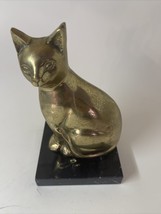 Seated Cat Brass Sculpture Vintage Mid-Centuryon Polished Marble Base 6.5” - £40.45 GBP
