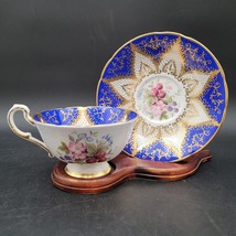 Vintage c.1960 Paragone Fruit Bouquet Cobalt Blue &amp; Gold Tea Cup With Saucer - £19.08 GBP