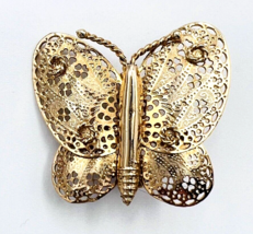 Vintage Gold Tone Textured Filigree Open Work Butterfly Brooch Pin - £12.46 GBP