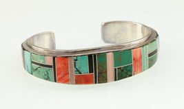 Vtg. Navajo Intarsio con Arancione Spinoso, Turchese E Nero Jet Bracciale 53.9gr - £717.78 GBP