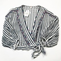 Free People Womens Blouse Black Ivory Size M Barcelona Night Striped Waist Tie - £47.47 GBP