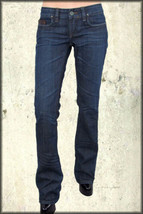 Odyn Brown Genuine Leather Pocket Womens Denim Bootcut Jeans Dark Blue NEW 24-30 - £77.65 GBP