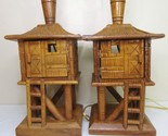 Tiki Bar Hut Pagoda Lantern Table Lamp Wood MCM Boho Polynesian Hand Car... - $325.71