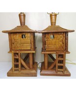 Tiki Bar Hut Pagoda Lantern Table Lamp Wood MCM Boho Polynesian Hand Car... - £256.30 GBP