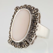 Large Mother of Pearl Sterling Silver Marcasite Ring Size 9 - £62.52 GBP