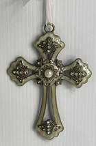 Ornate Faux Crystal Rhinestone pearl Religious Cross Ornament - $16.78