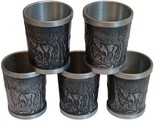 Vintage 90% Etain Pewter Cup Shot Glass Forest Deer Nature Motif Set of 5 - £40.43 GBP