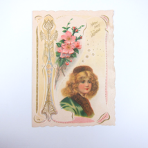 Antique Valentine Blonde Girl Green Coat Pink Flowers Embossed Bifold UN... - $9.99
