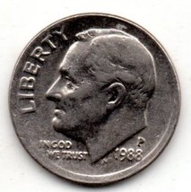1988 Roosevelt Dime - Circulated - About XF - £4.68 GBP