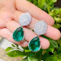 Large Green Pink Water Drop Cubic Zirconia Stone Paved Dangle Earrings for Women - £18.24 GBP