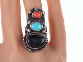 sz7 Large Vintage Native American sterling/turquoise, coral, and onyx ring - £98.29 GBP