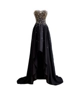 Sweetheart Black and Gold Beaded High Low Chiffon Formal Prom Dress Evening Gown - £93.86 GBP