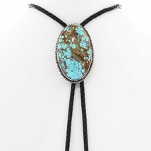 Navajo No 8 Turquoise Bolo Tie, Classic Sterling Silver Oval W Leather Bolo Cord - £539.00 GBP
