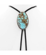 Navajo NO 8 TURQUOISE BOLO TIE, Classic Sterling Silver Oval w Leather B... - £536.66 GBP