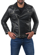 Classic Biker Brando Black Motorcycle Leather Jacket - $170.00