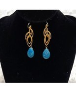 Vintage Gold Plated Leaves w/Turquoise Teardrops Dangle Earrings - $436.93 MXN