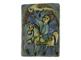 Antique 19th Century Persian Pottery Handmade Tile Large 7.5 In. Horseback Royal - £193.93 GBP