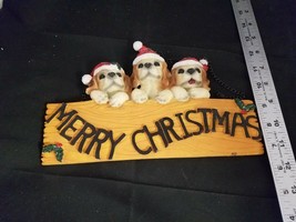 Merry Christmas Cute Puppies Indoor Outdoor Hanging Plaque Sign - $13.77