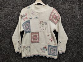 VTG Rebecca Stone Knit Sweater Women Medium Beige Shoulder Pads Floral D... - £21.75 GBP