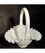 Fenton White Milk Glass Hobnail Ruffled Crimped Edges Basket 8&quot;  - $12.86
