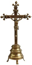 Crucifix Jesus Christ Religious Standing Cross Fleur de Lis Brass Metal Antique - £95.35 GBP