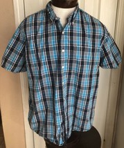 Izod Blue &amp; White Plaid Short Sleeve Button Up Shirt Men’s L - £10.04 GBP