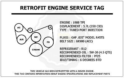 1988 TPI 5.7L Trans Am Retrofit Engine Service Tag Belt Routing Diagram ... - $14.95