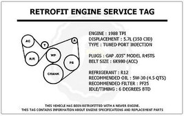 1988 TPI 5.7L Trans Am Retrofit Engine Service Tag Belt Routing Diagram Decal - £11.95 GBP