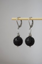 Lava stone bead earrings silver, Black gemstone huggie hoops, Lava rock, Diffuse - £19.85 GBP