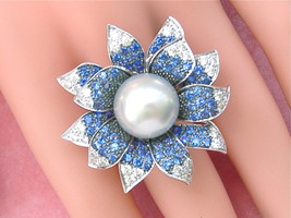 Estate 5.9ctw Diamond Sapphire 13.5mm South Sea Pearl Giant Flower Cocktail Ring - £3,556.17 GBP