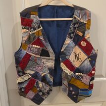 Handmade Patchwork Vest Silk Tie Quilted Boho Artsy Monogram "M" OOAK Fe... - $54.45