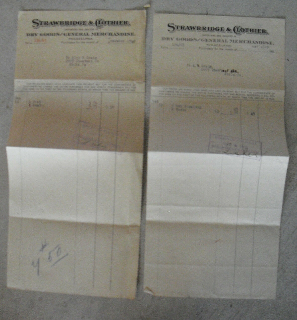 Lot of 2 1909 1910 Strawbridge &amp; Clothier Billheads Receipts - $16.83