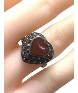Vintage Sterling Silver 925 Carnelian Heart MARCASITE Ring Size 7 Signed NF - $90.56