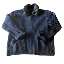 Roberto Collina Womens Large Navy Rib Knit Zip Up Sweater Removable Fur Collar - £65.97 GBP