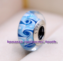 925 Sterling Silver Handmade Glass Lampwork Blue Swirl Murano Glass Charm Beads  - $4.20