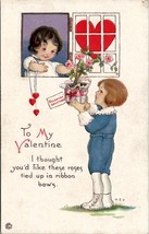 Valentine Greeting Mary E Price Sweet Boy Flowers Cute Girl Stecher Postcard V3 - £7.02 GBP