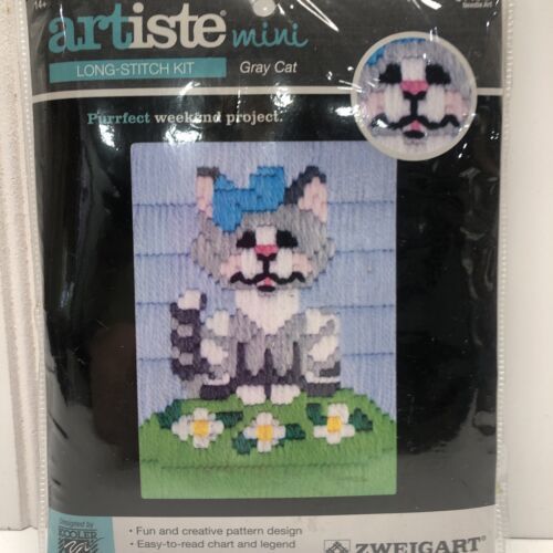 New Artiste Mini Gray Cat Long-Stitch Needlepoint Kit Kitten w/Bow Flowers - $10.66