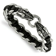 Chisel Stainless Steel Antiqued and Dragon Head Curb Chain Leather Bracelet - £110.18 GBP