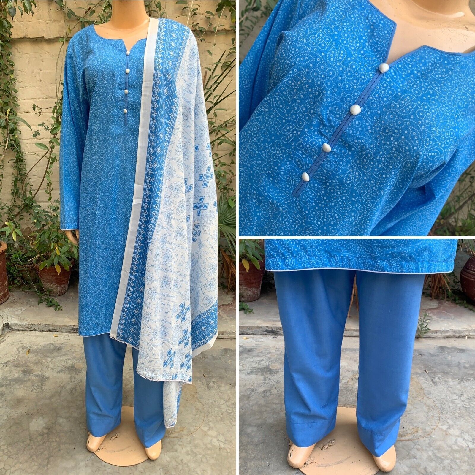 Pakistani Blue Chunri Printed Straight Shirt 3-PCS Lawn Dress,X-Large - $52.47
