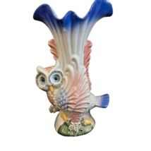 Owl Themed Ceramic Vase With Ruffled Edge VTG - £11.86 GBP
