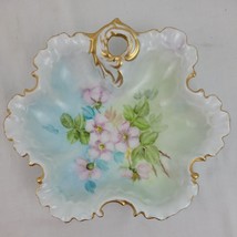 Antique Floral Candy Dish HP Scallop Edge Gold Rim Signed  Blue Jewelry Pink   - £9.52 GBP