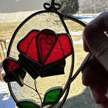 Vintage Stained Glass Red Rose Sun Catcher Window Ornament 7&quot; X 4.5&quot;  - £28.50 GBP