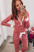 Red Stripe Buttoned V Neck Top and Knotted Waist Pants Lounge Set - $539.85 MXN