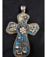 Vtg Big 3&quot; Statement Cross - Turquoise Metal Rhinestones Faux Pearls Cro... - $23.07 CAD