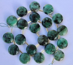 Natural 20 Piece faceted green emerald disk gemstone briolette beads, 14 x 14 mm - £59.80 GBP