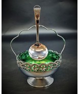 VTG Jelly Sugar Bowl Emerald Green Glass, Filigree Basket, Chrome Spoon,... - £23.38 GBP
