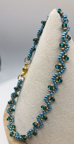 Primary image for Dark Turquoise Blue Gold beaded bracelet fashion minimalist NEW