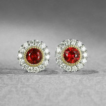 1.22Ct Ruby &amp; Round Diamond 14K White Gold Over Pigeon Blood Red Ruby Earrings - £78.65 GBP
